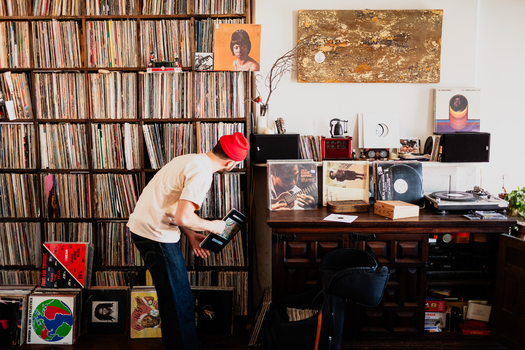 Danny Akalepse, a vinyl record collector, photographed at his home in Brooklyn, NY for Dust & Grooves.