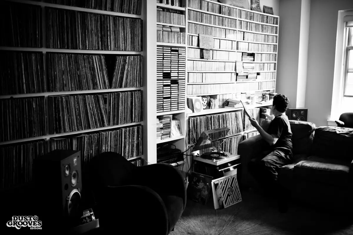 Andrew Mason, a vinyl record collector, photographed at his home in New York, NY for Dust & Grooves.