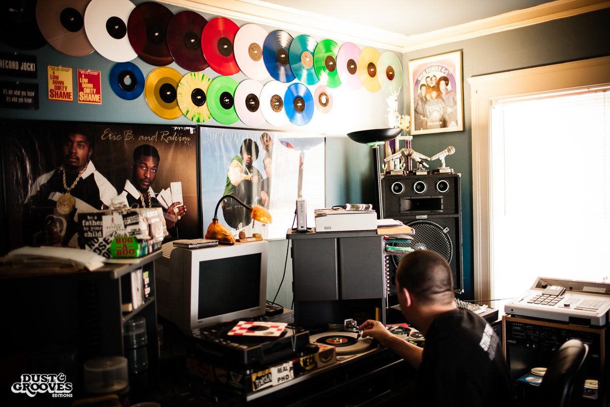 DJ Shame, a vinyl record collector, photographed at his home in Deerfield, MA, for Dust & Grooves.