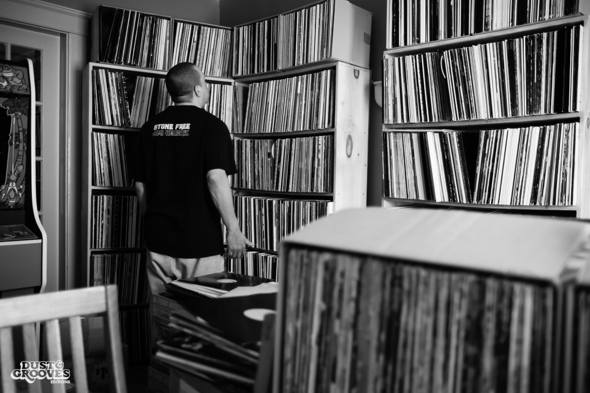 DJ Shame, a vinyl record collector, photographed at his home in Deerfield, MA, for Dust & Grooves.