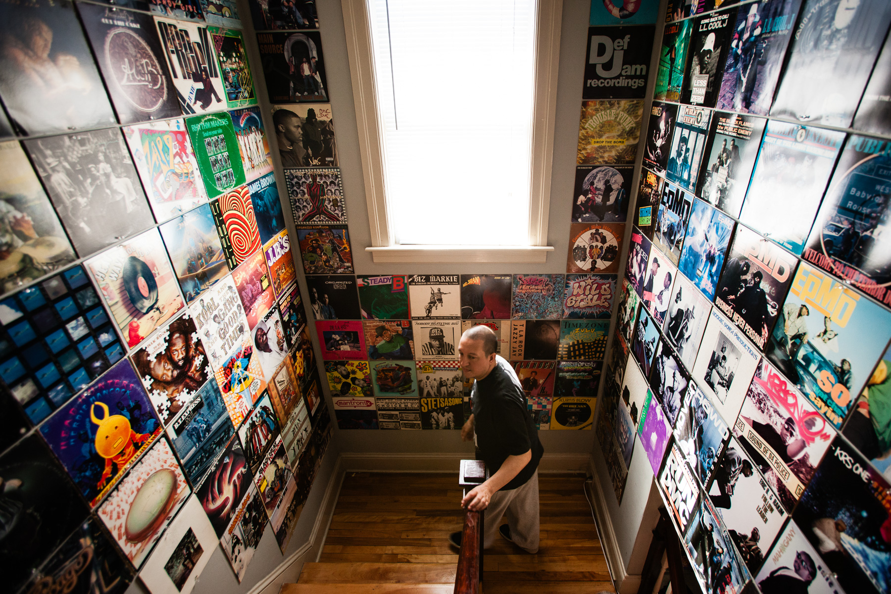 DJ Shame, a vinyl record collector, photographed at his home in Deerfield, MA, for Dust & Grooves.