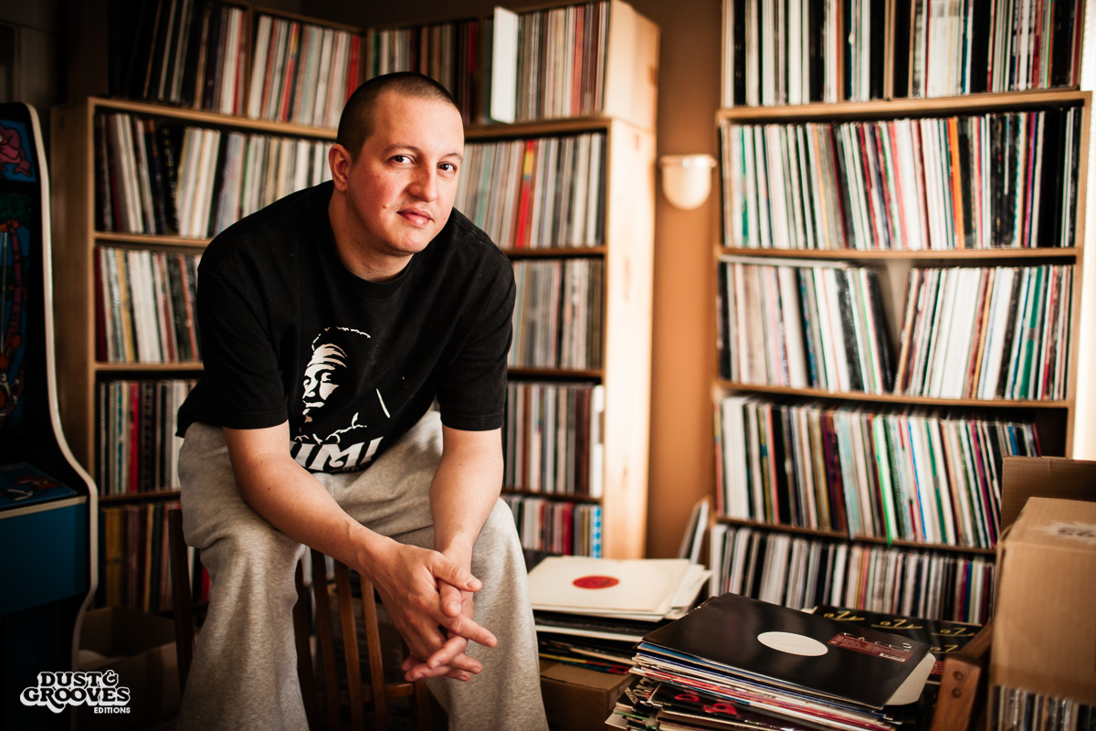 DJ Shame, a vinyl record collector, photographed at his home in Deerfield, MA, for Dust & Grooves.