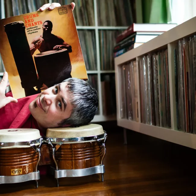 Pablo Yglesias, a vinyl record collector, photographed at his home in Northhampton, MA. for Dust & Grooves.