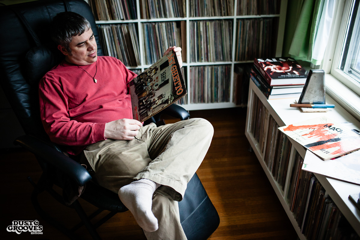 Pablo Yglesias, a vinyl record collector, photographed at his home in Northhampton, MA. for Dust & Grooves.