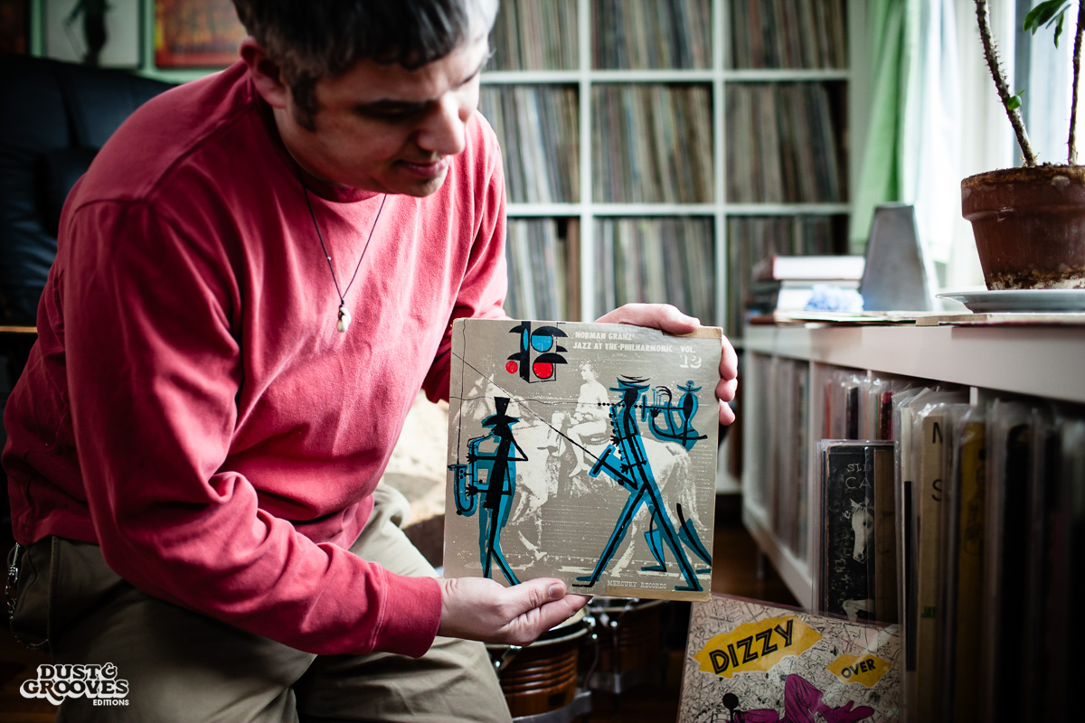 Pablo Yglesias, a vinyl record collector, photographed at his home in Northhampton, MA. for Dust & Grooves.