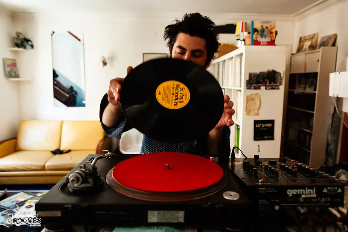 Victor Kiswell, a vinyl record collector, photographed at his home in Paris, France for Dust & Grooves. 