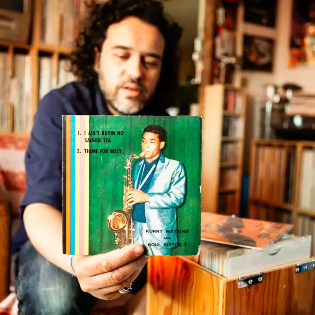 Manu Boubli, a vinyl record collector and co-founder of Superfly record shop, photographed at his home in Paris, france for Dust & Grooves.