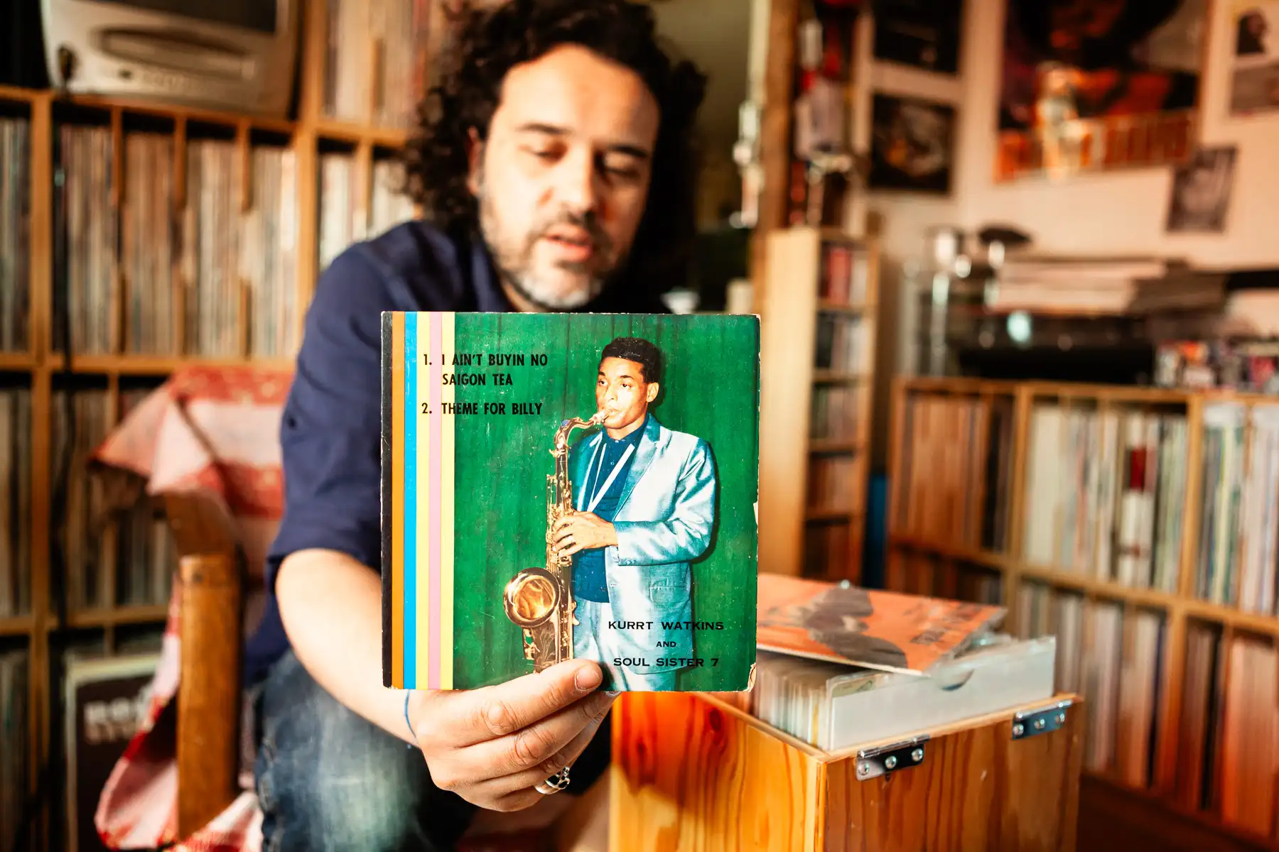 Manu Boubli, a vinyl record collector and co-founder of Superfly record shop, photographed at his home in Paris, france for Dust & Grooves.