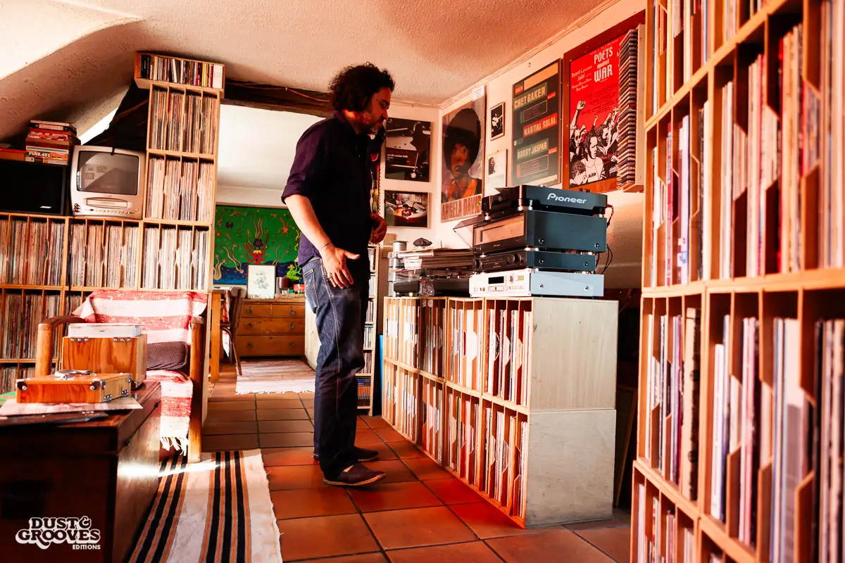 Manu Boubli, a vinyl record collector and co-founder of Superfly record shop, photographed at his home in Paris, France, for Dust & Grooves.