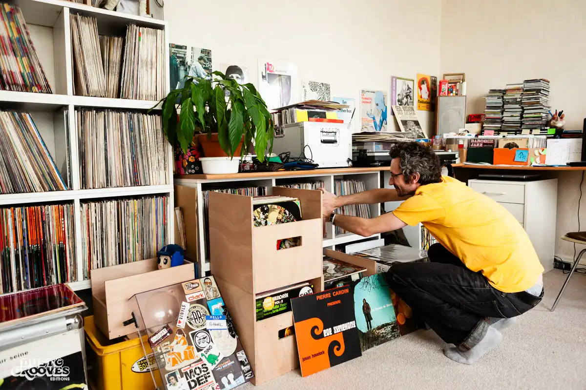 Thomas Pasquet, a vinyl record collector, photographed at his home in Paris, France for Dust & Grooves.