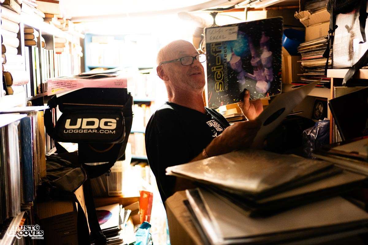 Alex Paterson, founding member of the British duo The Orb, photographed with his vinyl collection for Dust & Grooves Volume 2 book.