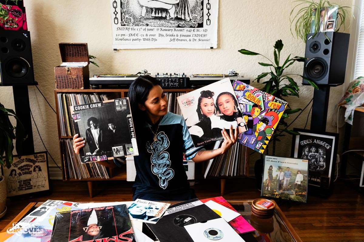 Melissa Dueñas, aka Sonrisita, a vinyl record collectors, photographed with her at her home in Los Angeles, CA for Dust & Grooves Volume 2 book.