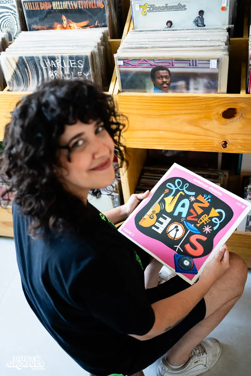 Rafa Jazz, record collector, DJ, and music producer, photographed at her house with her vinyl record collection in São Paulo, Brazil for Dust & Grooves Volume 2 book.