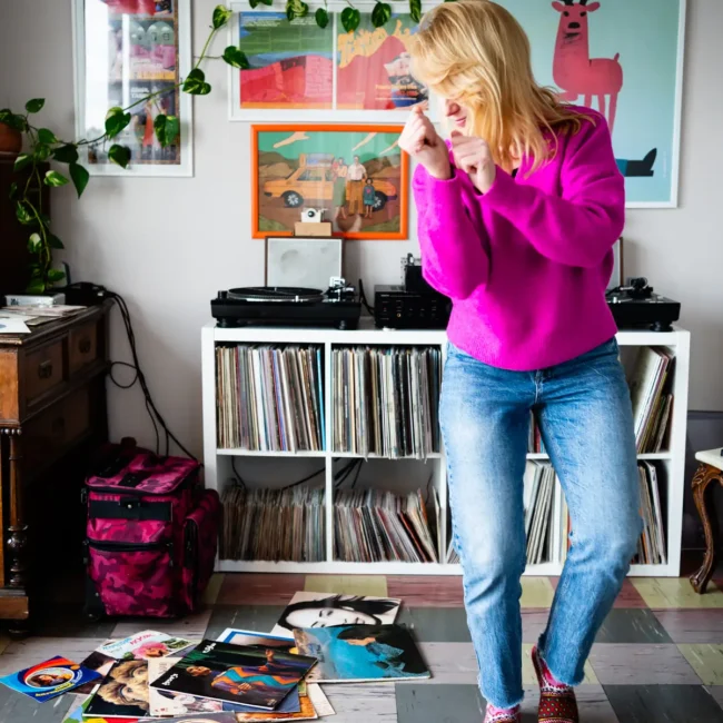 Kornelia Binicewicz, a vinyl record collector, DJ, and founder of Ladies On Records, photographed at her house in Istanbul with her vinyl record collection for Dust & Grooves Volume 2 book.