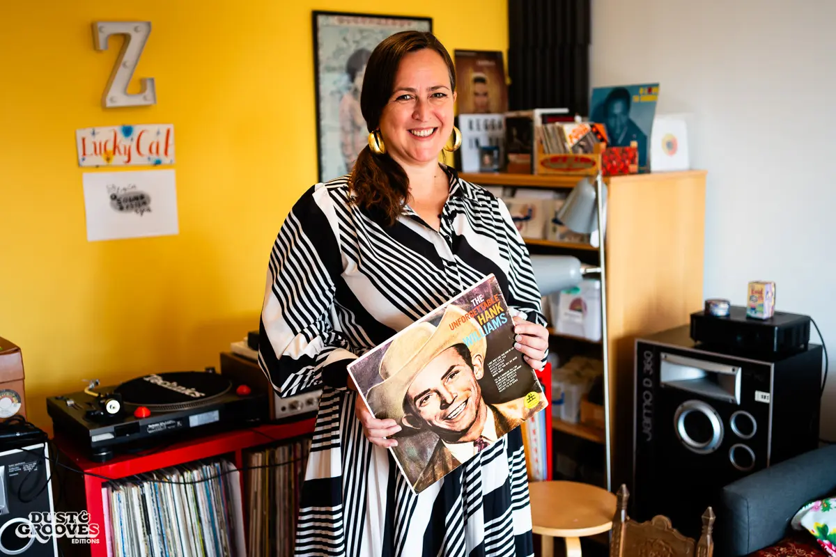 Zoë Baxter, AKA Lucky Cat Zoë, photographed at her London apartment, with her East Asian and Reggae vinyl record collection for Dust & Grooves Volume 2 book.
