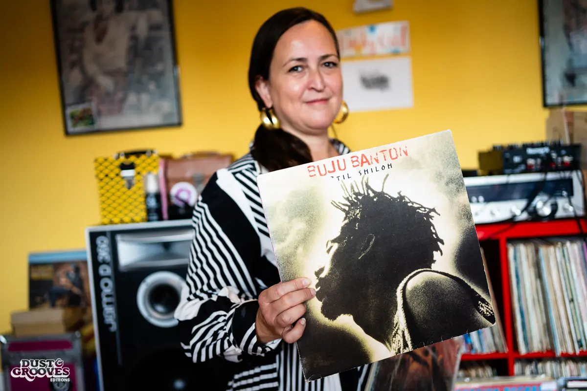 Zoë Baxter, AKA Lucky Cat Zoë, photographed at her London apartment, with her East Asian and Reggae vinyl record collection for Dust & Grooves Volume 2 book.