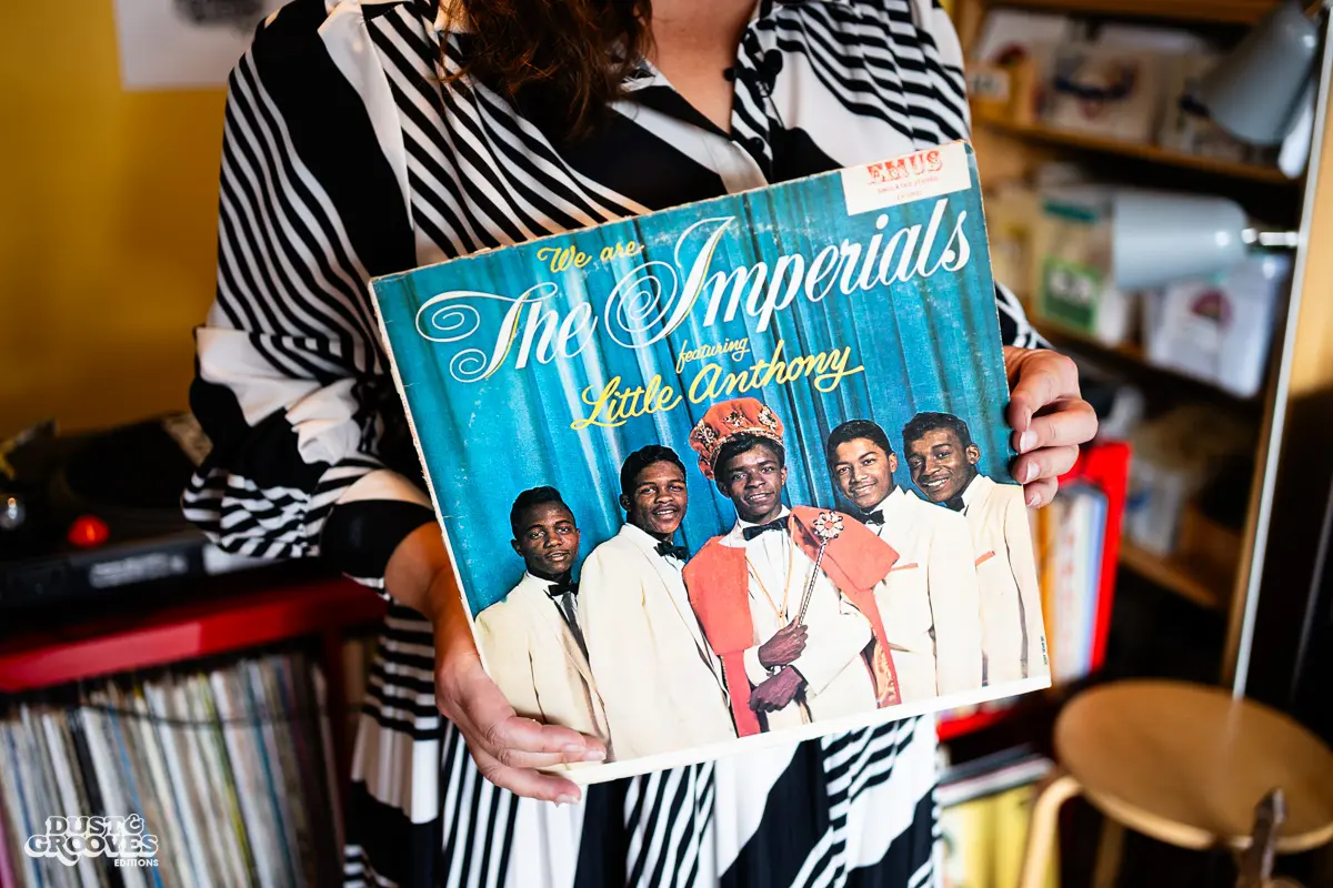 Zoë Baxter, AKA Lucky Cat Zoë, photographed at her London apartment, with her East Asian and Reggae vinyl record collection for Dust & Grooves Volume 2 book.