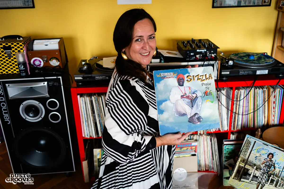 Zoë Baxter, AKA Lucky Cat Zoë, photographed at her London apartment, with her East Asian and Reggae vinyl record collection for Dust & Grooves Volume 2 book.