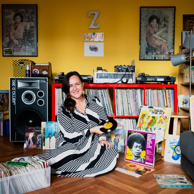 Zoe Baxter, AKA Lucky Cat Zoe, photographed at her London apartment, with her East Asian and Reggae vinyl record collection for Dust & Grooves Volume 2 book.