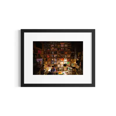 Mickey McGowan. San Rafael, CA. “Sitting contentedly in my ‘culture cavern,’ just a portion of my archives. On the table and wall are random and selected recordings, some of which are personal favorites.”