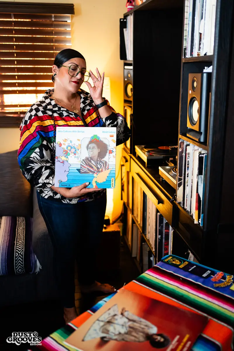 Rocio “Wyldeflower” Contreras, a Los Angeles–based DJ, record collector, and KCRW radio host, photographed at her LA home with her record collection for Dust & Grooves Volume 2.
