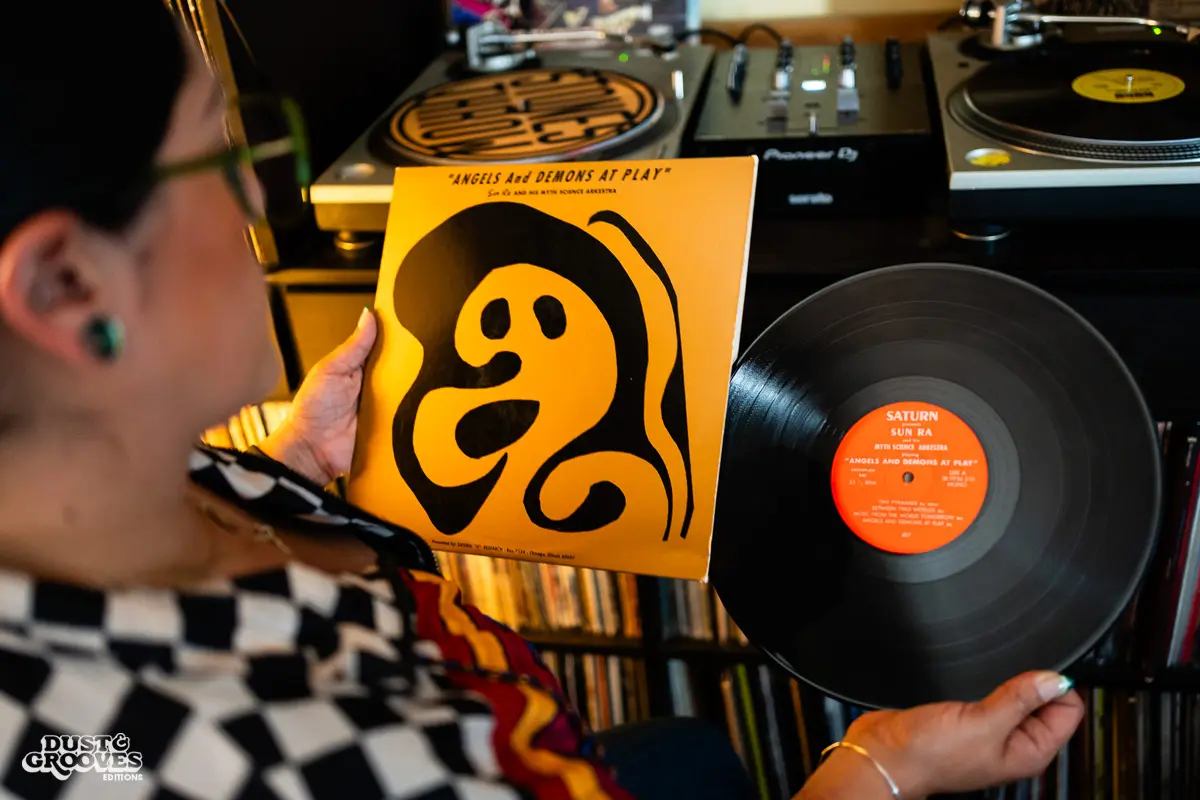 Rocio “Wyldeflower” Contreras, a Los Angeles–based DJ, record collector, and KCRW radio host, photographed at her LA home with her record collection for Dust & Grooves Volume 2.