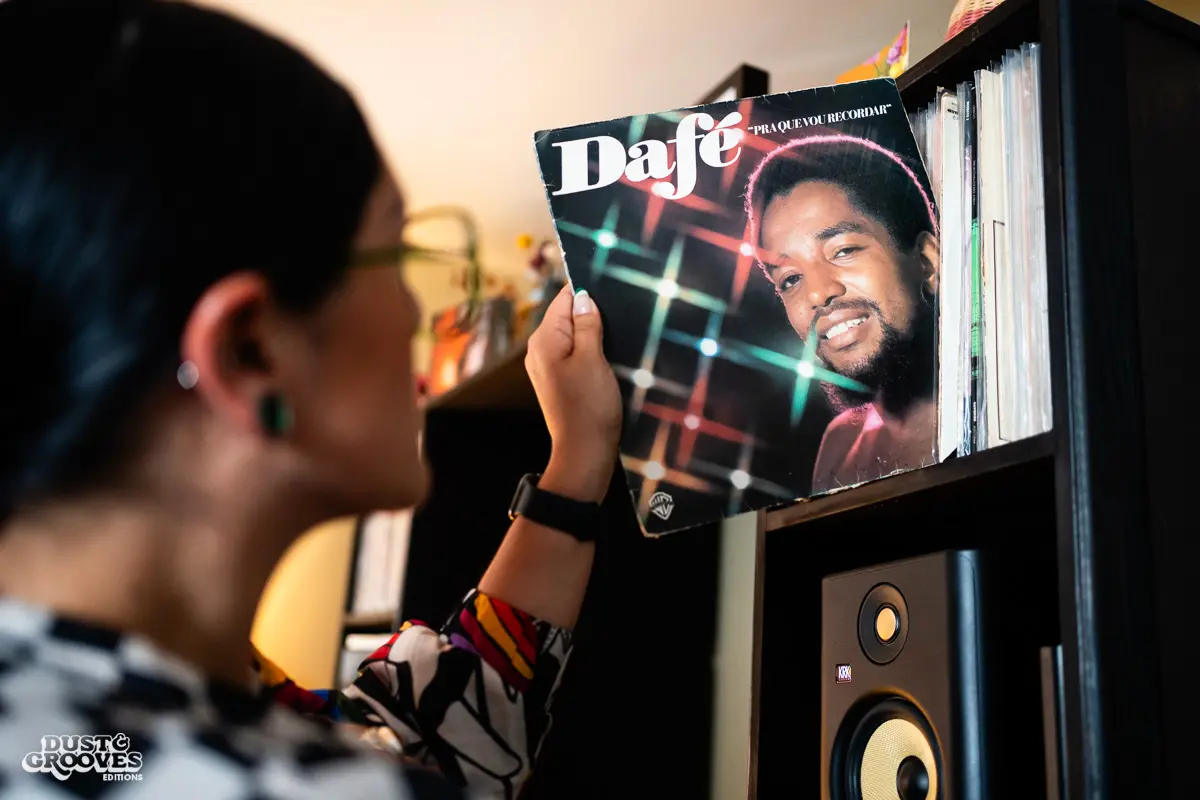 Rocio “Wyldeflower” Contreras, a Los Angeles–based DJ, record collector, and KCRW radio host, photographed at her LA home with her record collection for Dust & Grooves Volume 2.