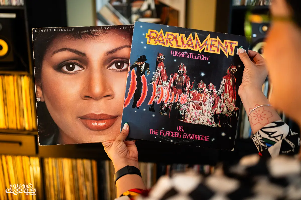 Rocio “Wyldeflower” Contreras, a Los Angeles–based DJ, record collector, and KCRW radio host, photographed at her LA home with her record collection for Dust & Grooves Volume 2.