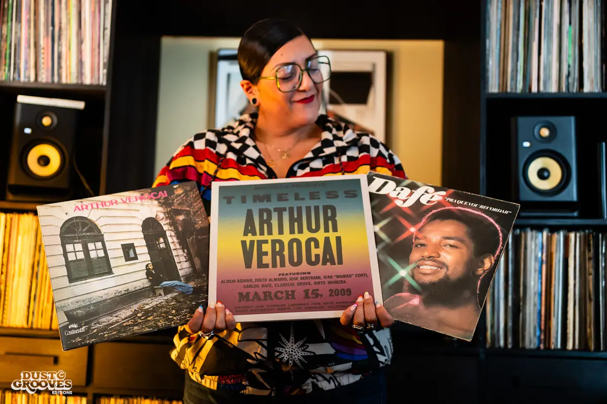 Rocio “Wyldeflower” Contreras, a Los Angeles–based DJ, record collector, and KCRW radio host, photographed at her LA home with her record collection for Dust & Grooves Volume 2.