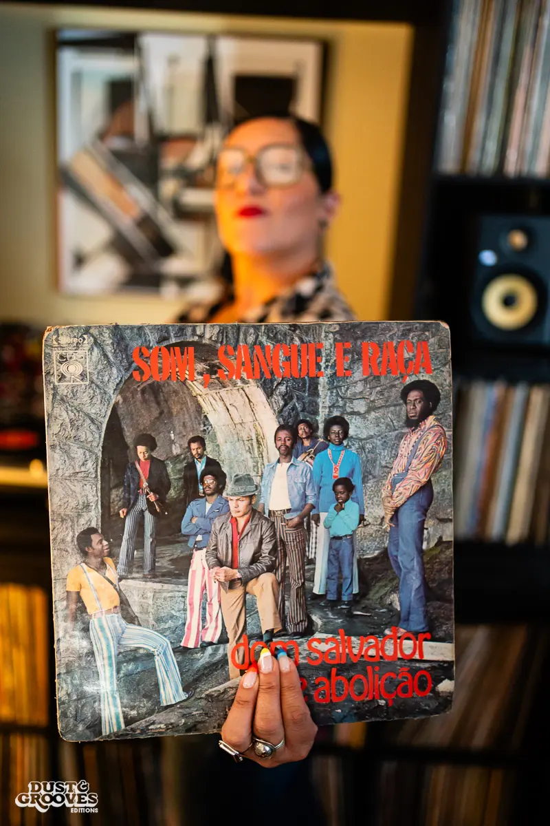 Rocio “Wyldeflower” Contreras, a Los Angeles–based DJ, record collector, and KCRW radio host, photographed at her LA home with her record collection for Dust & Grooves Volume 2.