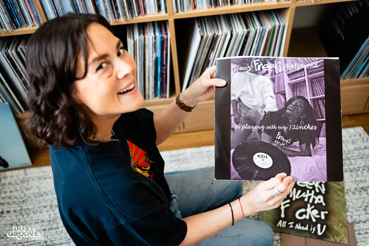 Louise Chen, DJ and vinyl record collector, is pictured at her Parisian apartment with shelves of vinyl records for Dust & Grooves Volume 2. 
