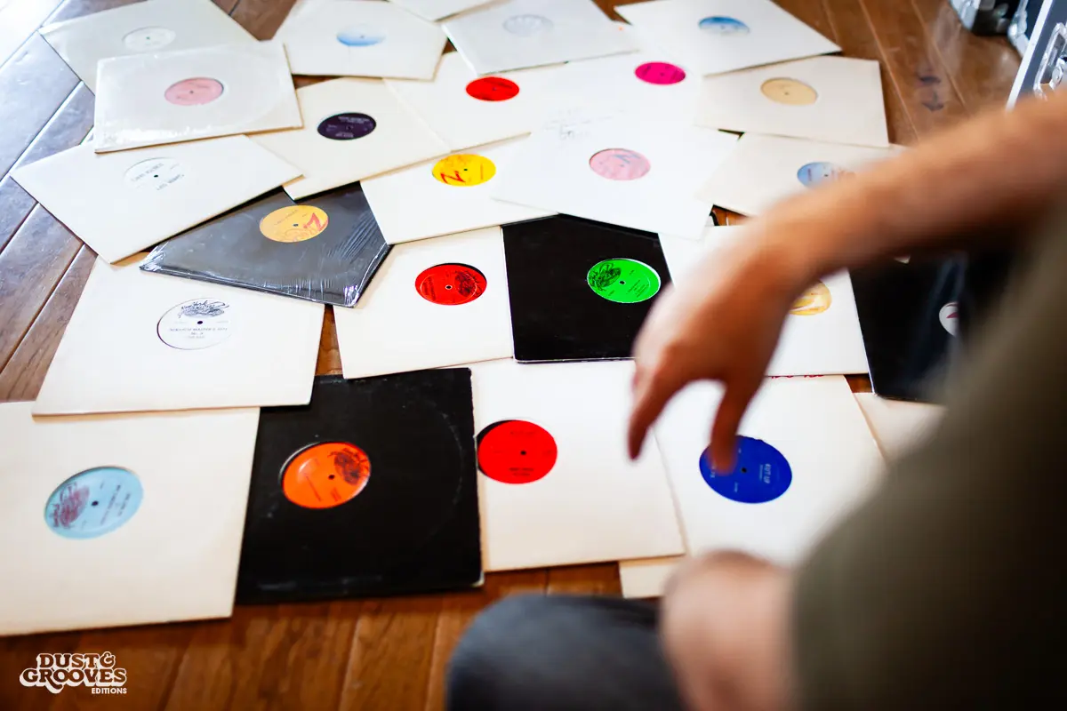 Cut Chemist, AKA Lucas McFadden, Music producer, recording artist and a vinyl record collector, is pictured in home studio in Los Angeles with his collection, photographed for Dust & Grooves Vol. 1.
