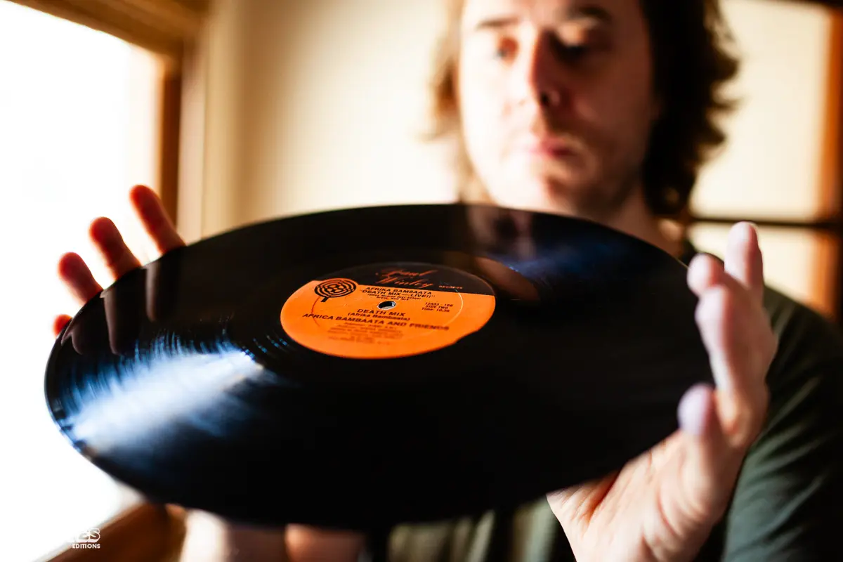 Cut Chemist, AKA Lucas McFadden, Music producer, recording artist and a vinyl record collector, is pictured in home studio in Los Angeles with his collection, photographed for Dust & Grooves Vol. 1.