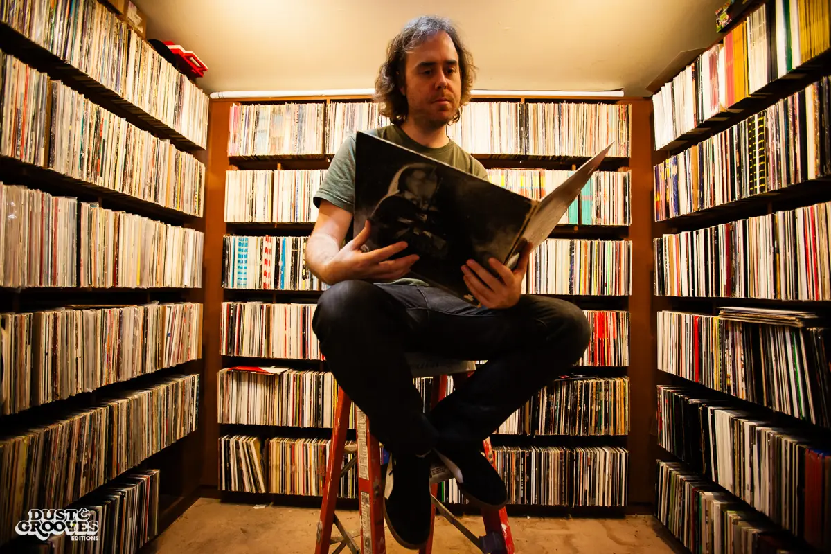 Cut Chemist, AKA Lucas McFadden, Music producer, recording artist and a vinyl record collector, is pictured in home studio in Los Angeles with his collection, photographed for Dust & Grooves Vol. 1.