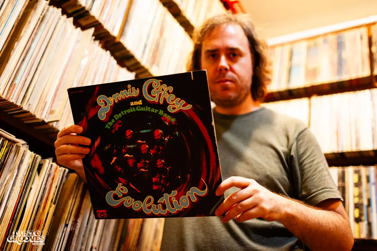 Cut Chemist, aka Lucas McFadden, music producer, recording artist, and vinyl record collector, is pictured in his home studio in Los Angeles with his collection, photographed for Dust & Grooves Vol. 1.