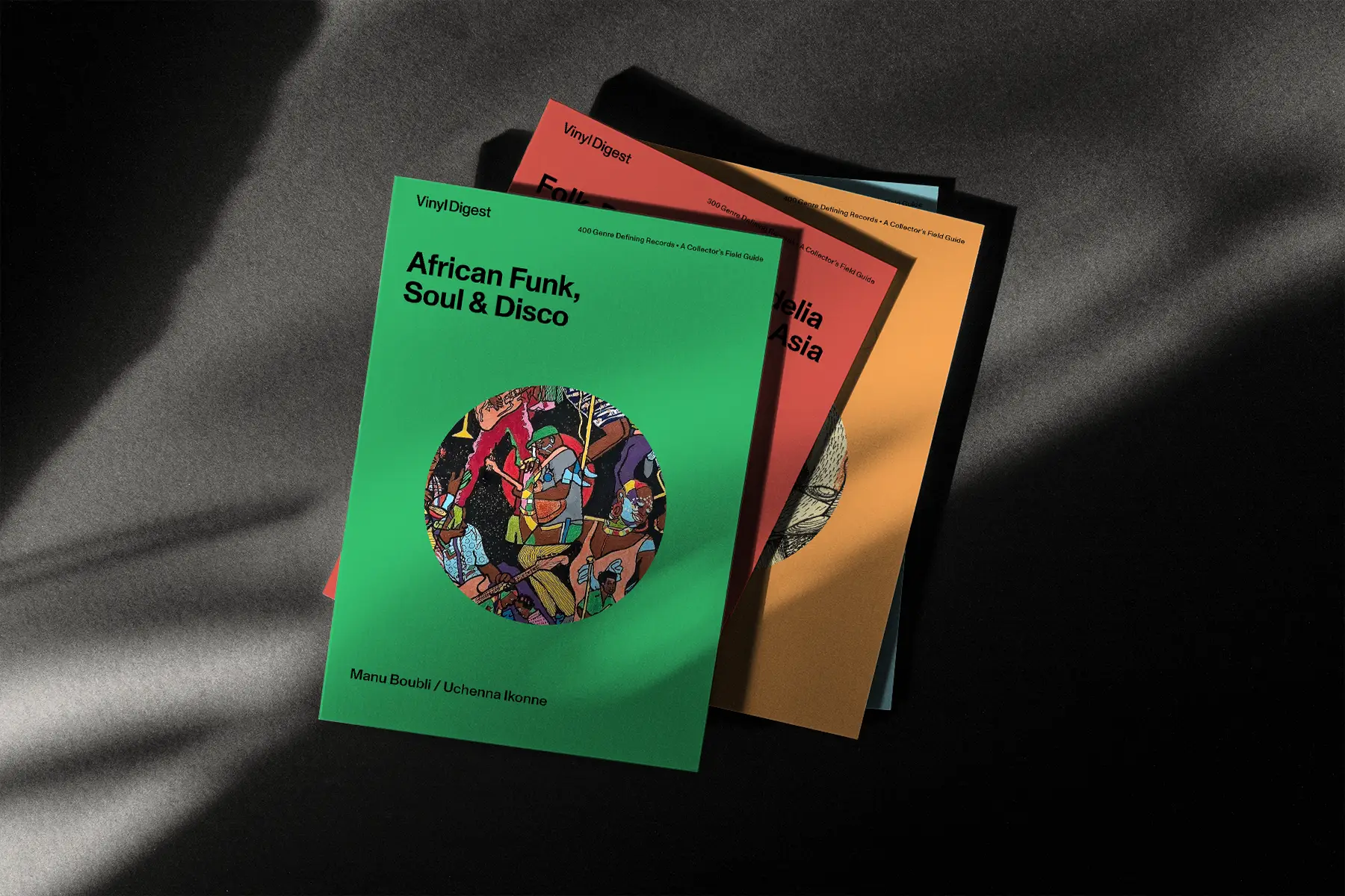 The four Vinyl Digest books by Dust & Grooves: Spiritual & Cosmic Jazz, African Funk, Soul & Disco, Gospel Soul, and Folk, Rock & Psychedelia in South & Southeast Asia.